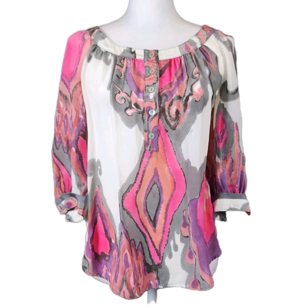 Trina Turk Wren Sunset Latern‎ Silk Blouse Top Womens Small Pink Gray Abstract